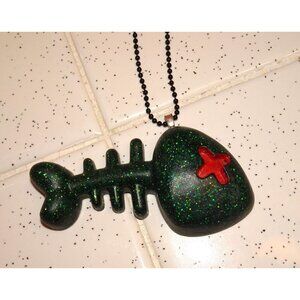 Handmade Resin Green Glitter Dead Fish Necklace fish skeleton goth oddity pinup